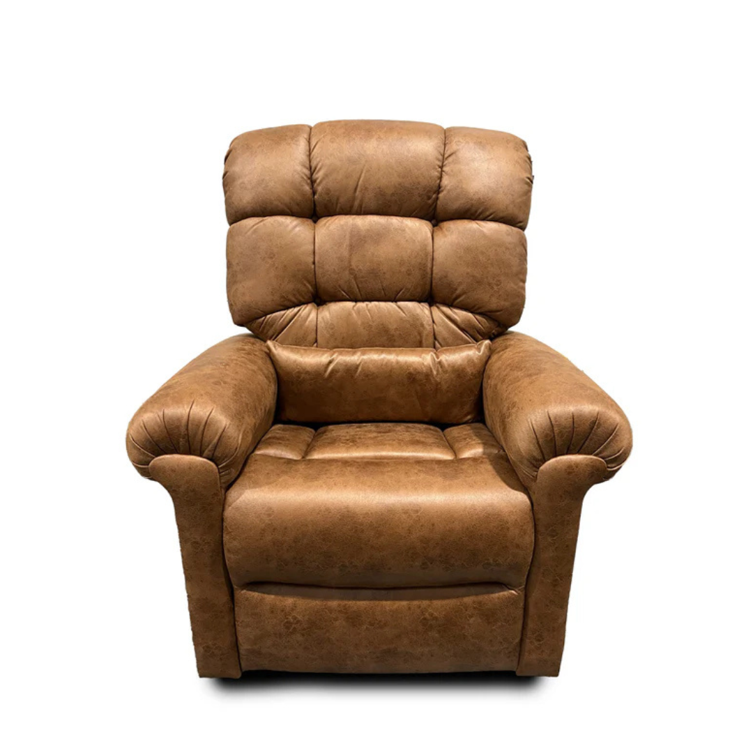 A plush, brown leather Journey Perfect Sleep Reclining Lift Chair with Heat sits against a plain white background. It features therapeutic heat, massage, cushioned armrests, and a classic tufted upholstery design for ultimate comfort.